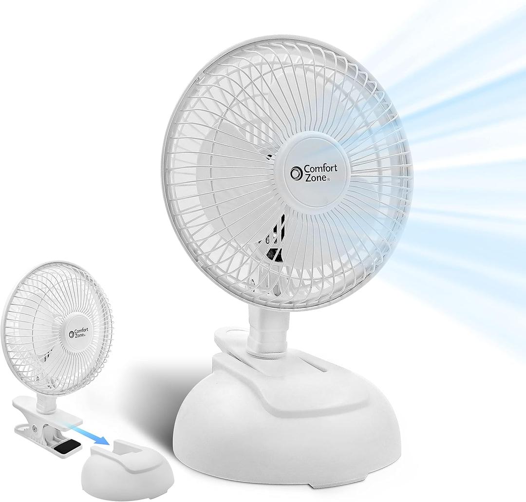 Comfort Zone CZ6XMWT 6 2-Speed Combo Clip or Desk Fan with Removable Base, Strong Clamp for Firm Grip, Suitable for Bedroom, Office, or Dorm Room, White