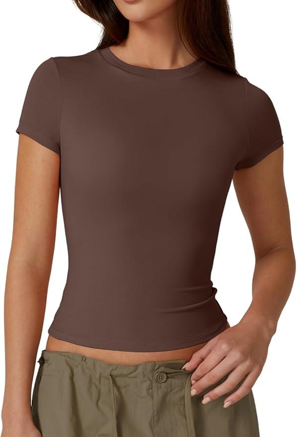 QINSEN Women's Crew Neck Short Sleeve Tees Double Lined Slim Fit T Shirt Basic Y2K Tops S