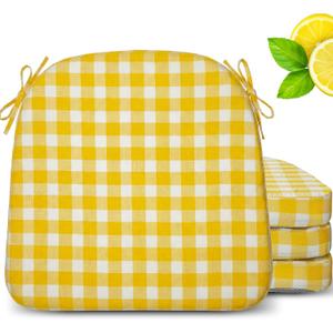 Geetery 4 Pack D-shaped Checkered Chair Cushion for Dining 17"x16"x2" Thick Buffalo Plaid Nonslip Chair Pad with Ties and Removable Cover for Home Outdoor Patio Room Indoor Seat Cushion (Yellow White)