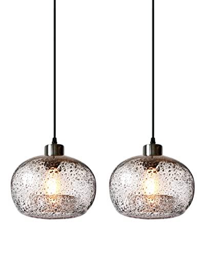 CASAMOTION Pendant Lights Kitchen Island,Clear Seeded Glass with Black Sand Powder,Modern Farmhouse Ceiling Hanging Lighting Fixtures,Dining Room Table Bedroom Oval Globe 8.7 Inch Diam 2 Pack