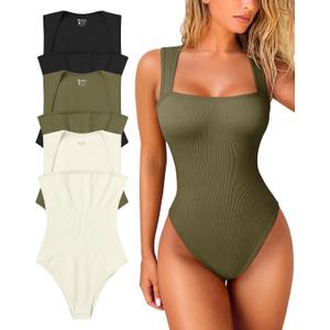 OQQ Women's 3 Piece Bodysuits Sexy Ribbed Strappy Square Neck Sleeveless Tummy Control Tank Tops Bodysuits, Medium