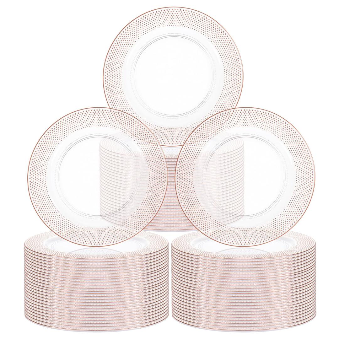 Tomeurperf 10Pcs Clear Charger Plates Bulk Wedding - 13" Premium Clear Plastic Chargers with Pink Beaded, Decorative Dinner Charger Plates for Events & Parties