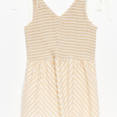 Sujama Striped Smocked Maxi Dress for Women Sleeveless Tie Strap Tiered Sexy V Neck Long Dress Flowy Sundress with Pockets Beige, M