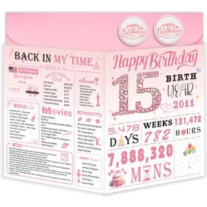 4 x 15th Birthday Card for Girls, 15th Birthday Decoration for Daughter, Sweet Funny 15 Year Old Birthday Gifts Idea, Greeting Cards for Her Granddaughter Friends Sister, Jumbo Back In 2011 Pink