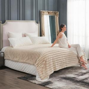 Cozy Bliss Faux Fur Throw Blanket for Couch, Cozy Warm Plush Striped Blanket for Sofa Bedroom Living Room, 108 * 90 Inches Beige