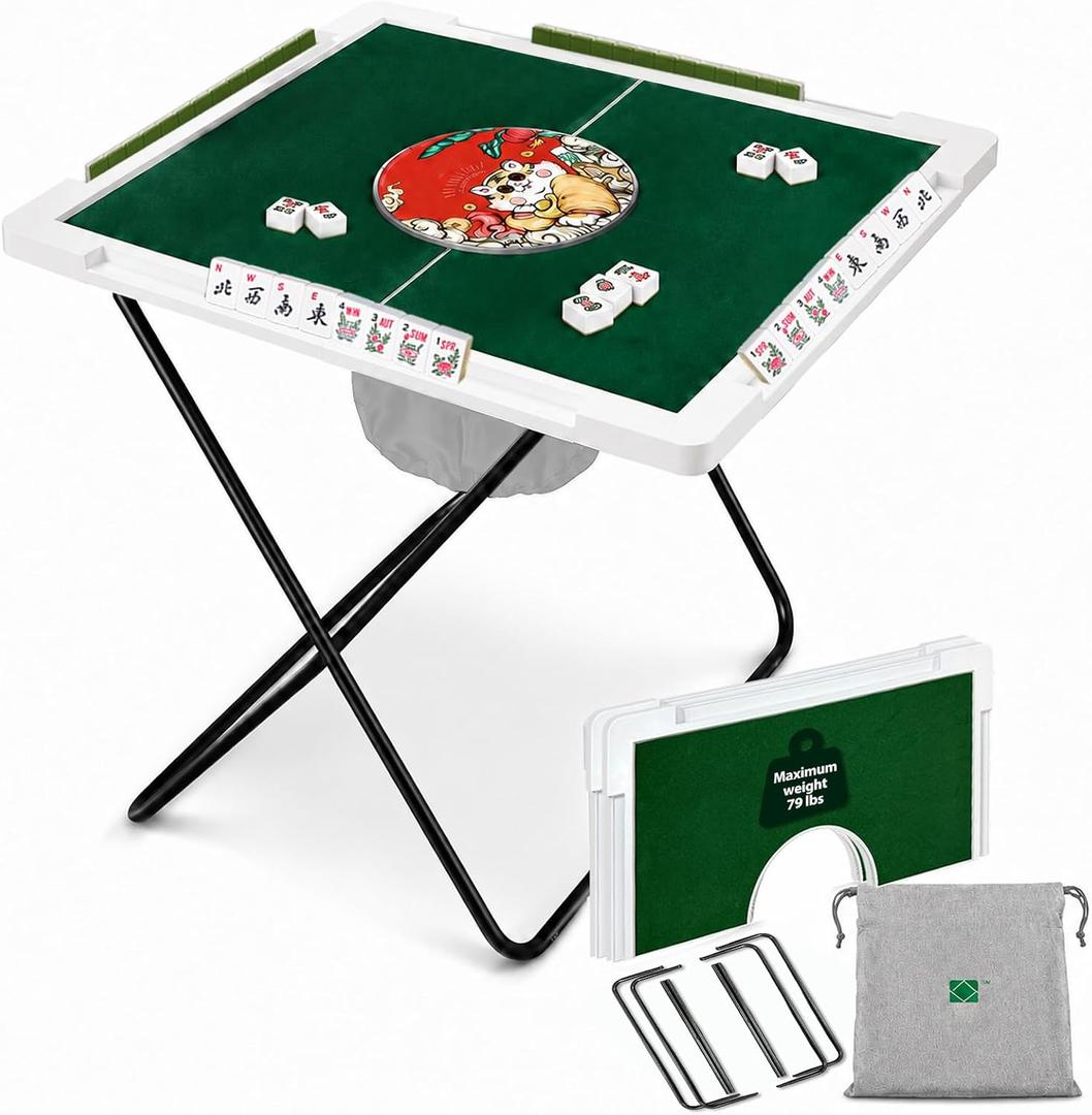 Folding Mahjong Table, 23.6" Square 4-Player Foldable Portable Game Table w/ Green Felt, Shuffle Hole, Tile Rack Grooves, Detachable Legs & Storage Bag for Indoor Outdoor Mahjong Domino Poker Puzzle