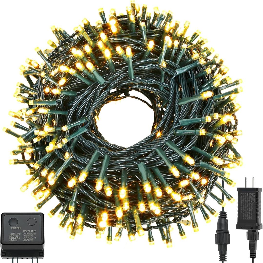 QUWIN Waterproof LED Outdoor Christmas String Lights, 115Ft 300 LED UL Certified 8 Modes with End-to-End Plug, Indoor & Outside Fairy Light for Christmas Tree, Patio, Wedding, Party (Warm White)