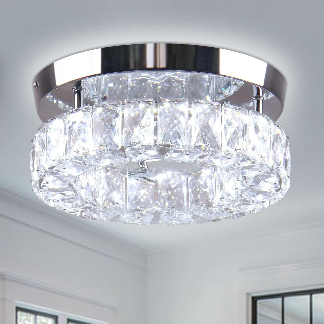 9.8" Crystal Flush Mount Ceiling Light Fixtures LED Round Mini Chandelier Light Fixture Ceiling Lamp for Kitchen Hallway Foyer 15 W 6000K Cool White