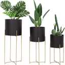 Sinolodo Mid Century Planter with Gold Plant Stand, 3 pcs Modern Planters for Indoor Plants, Metal Floor Planter Set with Foldable Stand(Pack of 3) (9''+8''+7'')