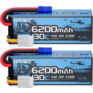 HOOVO 4S Lipo Battery, 14.8V 6200mAh 130C RC Car Battery Hard Case with EC5 Plug, Compatible with 1/8 and 1/10 Scale RC Vechile,Arrma Kraton 8S,RC Buggy Truggy Truck Crawler Monster Boat, 2 Pack