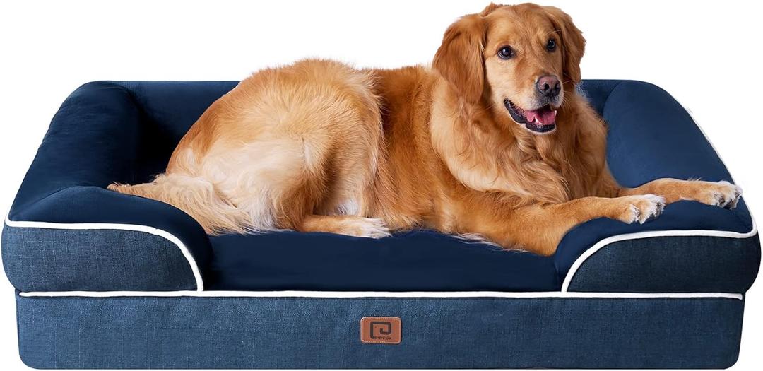 EHEYCIGA Orthopedic Dog Beds for Extra Large Dogs, Waterproof Memory Foam XL Dog Bed with Sides, Non-Slip Bottom and Egg-Crate Foam Big Pet Couch Bed with Washable Removable Cover, Navy (44.0"L x 32.0"W x 6.5"Th)