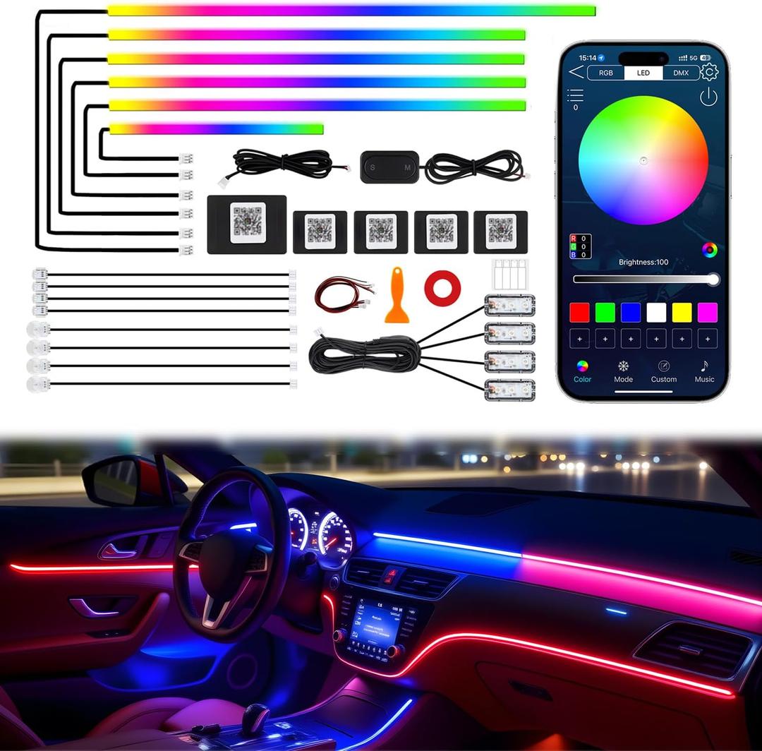 Dreamcolor Acrylic Interior Car LED Strip Lights, 18 in 1 Ambient Lighting Kit with Wireless APP, Dynamic Chasing Music Sync Fiber Optic Lights with DIY Mode, Car Inside Lighting Accessories
