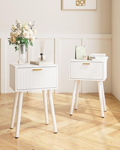 ASACESCU Night Stand Set 2, White Nightstand with Fluted Doors, Small Modern Mid-Century Bedside Table for Bedroom, End Table for Living Room