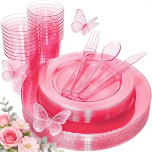 WDF 25 Guest Pink Plates with Pink Plastic Silverware&Pink Cups-Neon Clear Disposable Dinnerware include 50 Plates,25Forks, 25 Knives, 25 Spoons,25 Plastic Cups for Party and Baby Shower