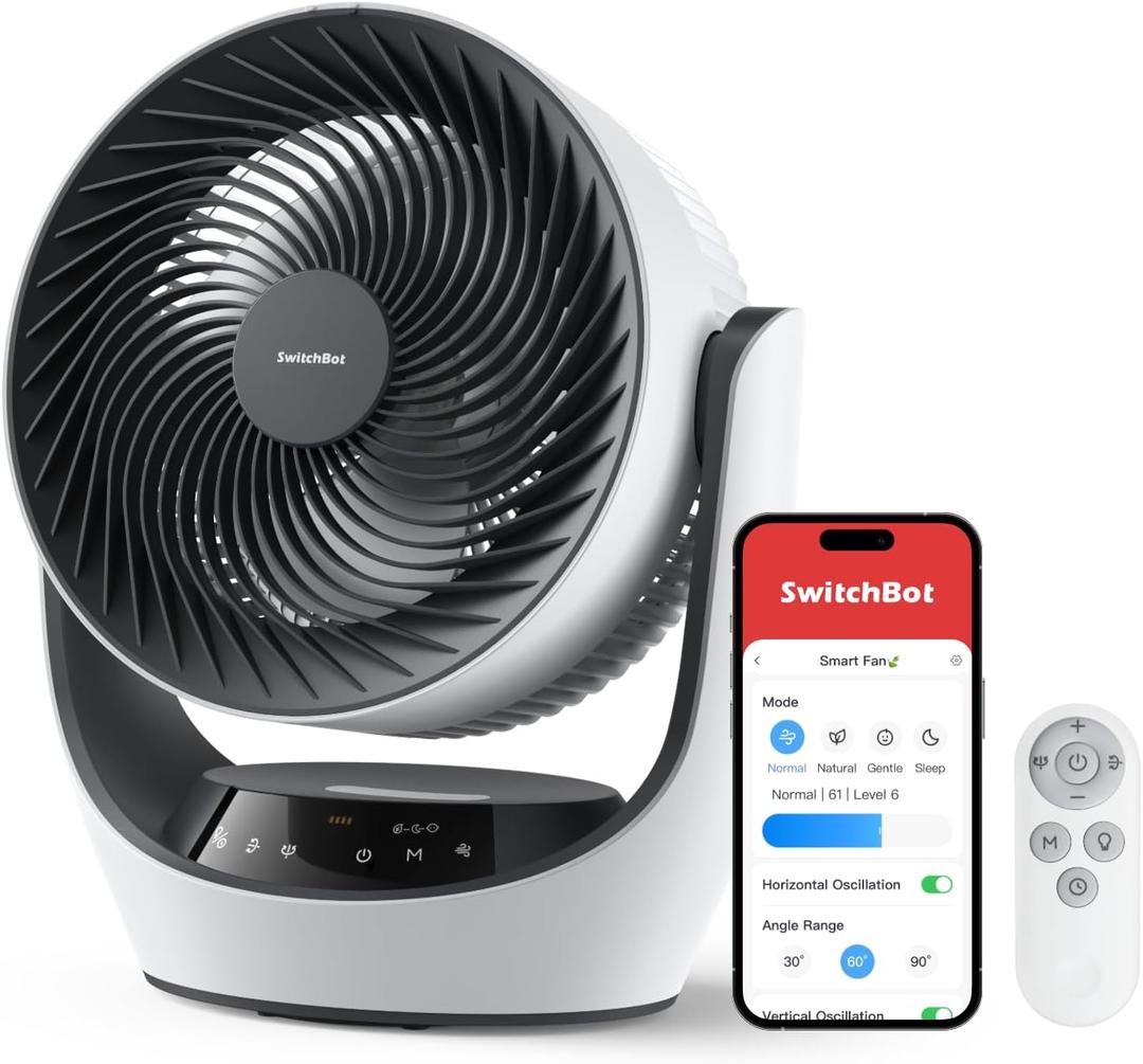 SwitchBot Smart Desk Fan for Bedroom, 22dB Ultra Quiet, 90 Oscillation, Battery Operated, 9 Speeds, 9H Timer, Alexa/Google/Siri Compatible (Hub Required), Portable Air Circulator for Indoor & Outdoor