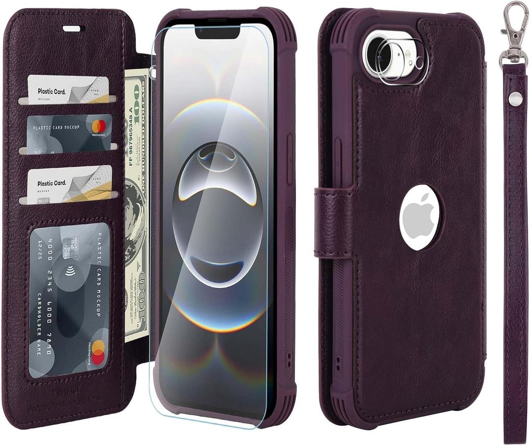 VANAVAGY Compatible for iPhone 16e Wallet Case, RFID Flip Shockproof Case with Card Holder Strap Kickstand, [Camera Lens & Screen Protector] PU Leather Phone Cover for Wireless Charging,Purple