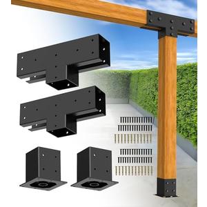 vikofan Pergola Brackets 4x4 for 6-Leg Advanced, T Brackets (2PCS) & 4x4 Post Base (2PCS), No Crossbeam, Outdoor Garden Medium Pergola Patio Frame Kit