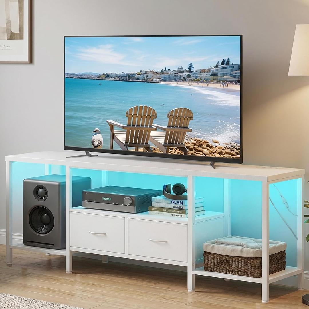 SONGMICS BELLAH Collection - TV Stand with Power Outlets and Lights, Entertainment Center Media Console for TVs Up to 70 Inches, Living Room, Shelves, Drawers, Modern, Cloud White ULGS420W101S, 13.8"D x 61.8"W x 23.6"H