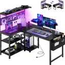 Apicizon L Shaped Desk Gaming Desk with LED Light & Power Outlet, 47 Inch Reversible Computer Desk with Pegboard & Shelf & Storage Bag for Home Office, Black, 48 in