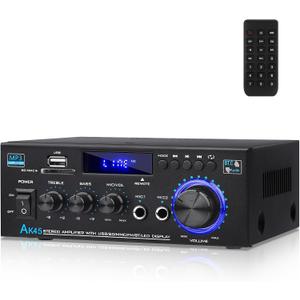 AK45 Stereo Audio Amplifier, AEXCVG Amplifier Home Audio Bluetooth 5.0 Amplifier 40W x 2, 2.0 Channel Stereo Bluetooth Receivers with SD/USB/MIC/RCA/FM/Remote Control for Home Stereo System