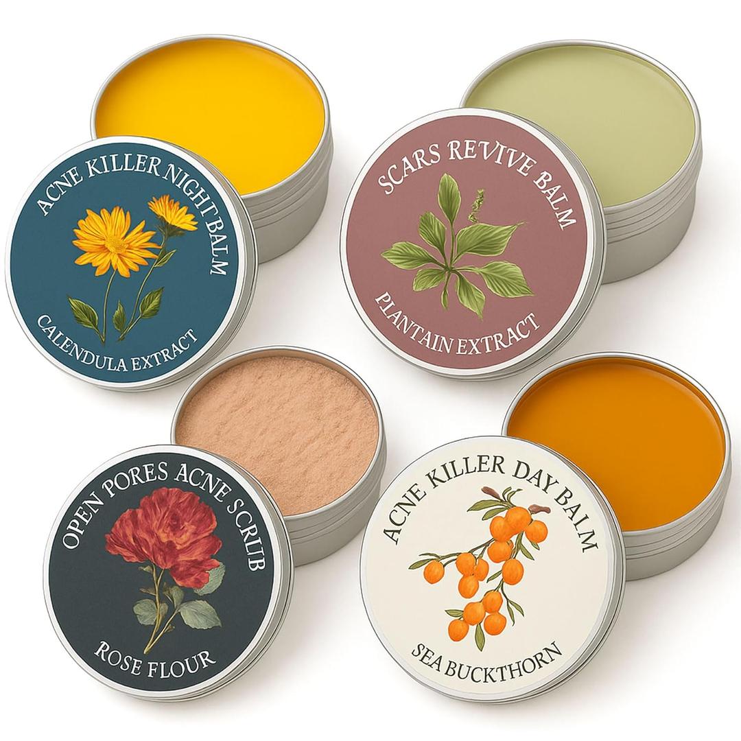 Organics Acne Balm Set, Acne & Redness Killer Balm with Squalane Oil, Calendula Extract, Sea Buckthorn, 4 in 1 Acne Cream for Anti-Wrinkle and Moisturizing, Suitable for All Skin Types, 1.05OZ / 30ML