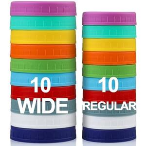 AOZITA 10 WIDE Mouth & 10 REGULAR Mouth Mason Jar Lids - 20 Pack Food Grade Plastic Mason Jar Caps for Ball, Kerr and More Canning Jars - Leakproof & Dishwasher Safe - Multicolor