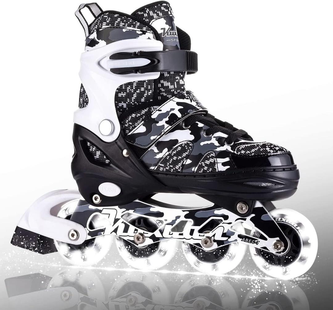 Kuxuan Boys Adjustable Inline Skates with Light up Wheels, Fun Illuminating Skates for Kids Girls Youth (Large(Kids 3-6 US), Black Came)