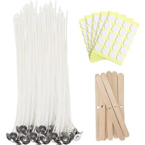 100 Pcs Cotton Candle Wicks (10 Inches) with 100 Pcs Wick Stickers and 10 Pcs Wooden Candle Wick Holders, Candle Wicks for Soy Wax, Beeswax, Coconut Wax