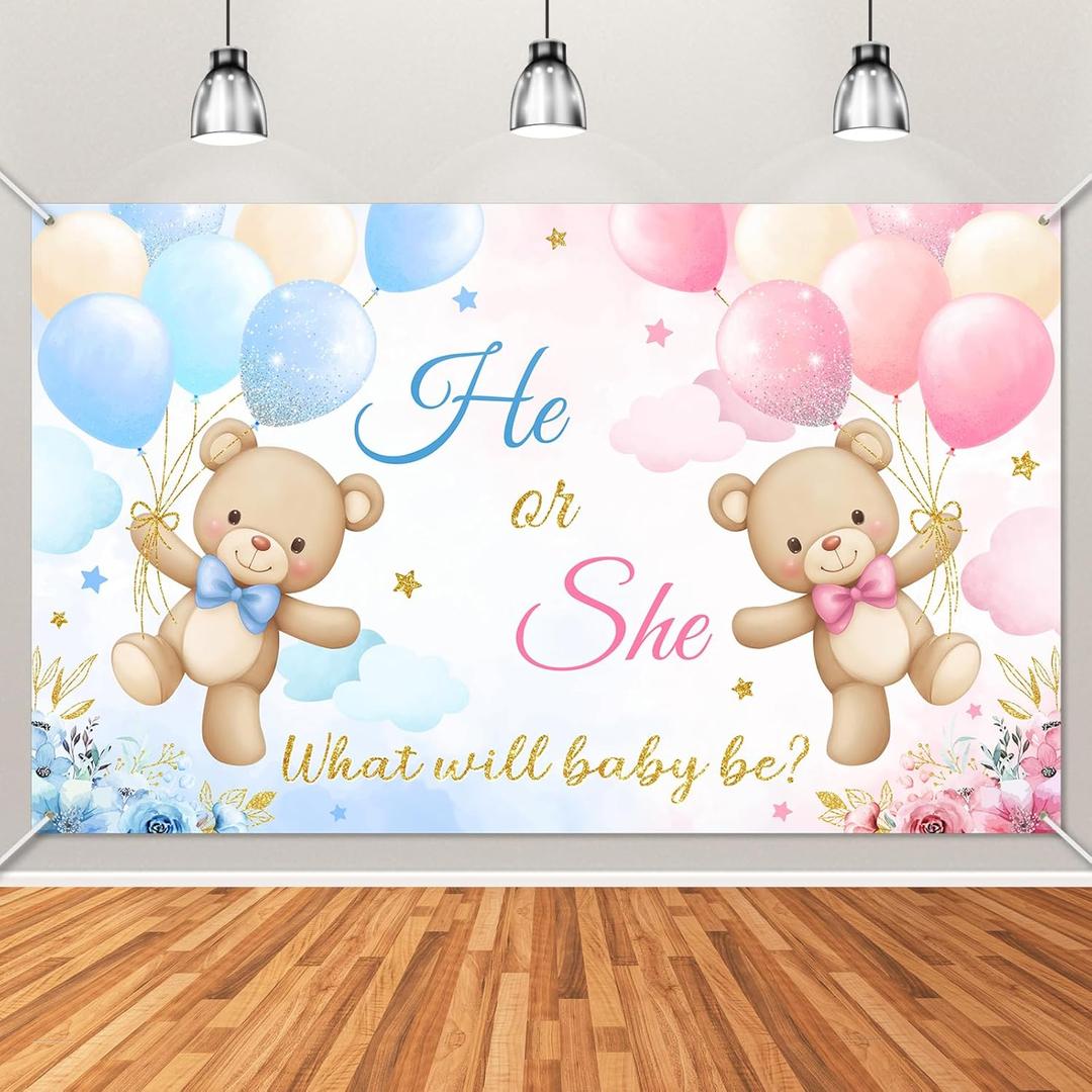 Avezano He or She Gender Reveal Banner Bear Gender Reveal Decorations Banner Pink and Blue Baby Reveal Backdrop for Boy Girls (6x3.6ft)