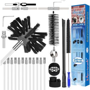 24 Feet Dryer Vent Cleaning Kit - Chrome Button Locking System - Dryer Vent Cleaner Kit With Vacuum Attachment, Nozzle, Hose and Adapter