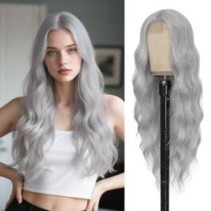 Sliver Grey Wig 26 Inch Long Wavy Wig for Women - Heat Resistant Synthetic Hair Middle Part Curly Wig Natural Look for Daily Party Cosplay Costume Use