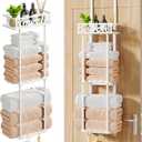 HapiRm Towel Rack Bathroom Storage - 3 Tier Over The Door & Wall Mount Rolled Towel Racks Holder Organizer with Metal Shelf Basket and 6 Hooks for Small Bathroom (White)