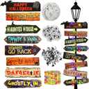 Halloween Lamp Post Light Decorations with 8 Glow in The Dark Scary Yard Wooden Signs 9.8 ft LED Light String 2 Bat Garlands & Faux Spider Web for Outdoor Holiday Post Lamp Yard Decor