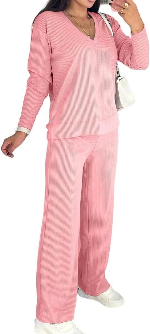 Womens 2 Piece Lounge Sets Long Sleeve Ribbed Knit Casual Top Wide Leg Pants Matching Set Spring Fall Outfits (Pink, L)