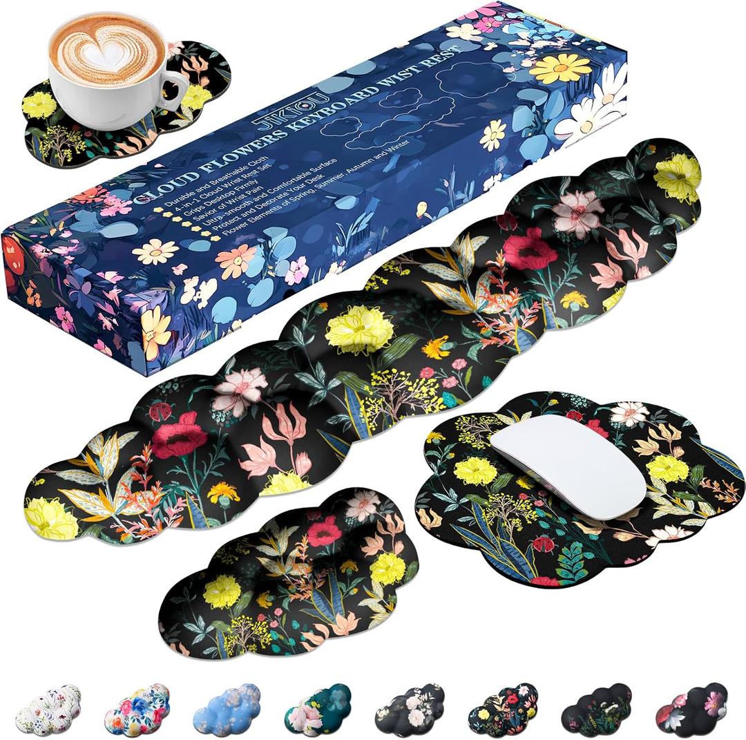JIKIOU Cloud Wrist Rest Keyboard, Cloud Keyboard Wrist Pad Set with Comfortable Cloth, Cute Arm Rest for Palm Support, PC/Gaming Desk Accessories/Office Setup/Computer Hand Cushion Black Flowers