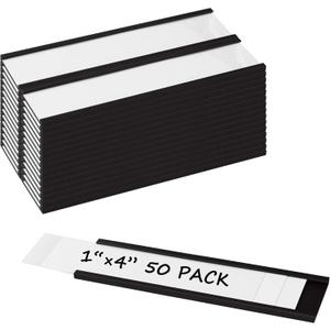 Realth C Channel Magnetic Label Holders 50 Pack 1'' x 4'' with Paper Inserts and Clear Plastic Protectors, Magnetic Data Card Holders File Cabinet Labels for Metal Racks and Shelves