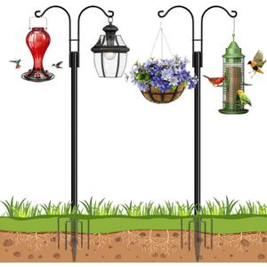 Ottsuls Bird Feeder Pole, 2 Pack 76 INCH Double Shepherds Hooks for Outdoor, Garden Pole with 5 Base Prongs Heavy Duty Planter Hooks for Hanging Plant Baskets, Lantern, Hummingbird Feeder