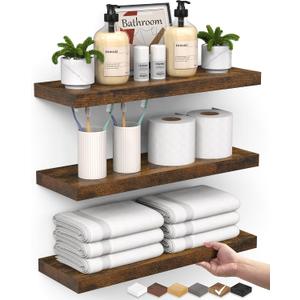 BAYKA Bathroom Floating Shelves for Wall Set of 3 - Rustic Brown Farmhouse Wood Shelves Over Toilet for Bedroom, Kitchen, or Living Room Decor Display, Storage for Plants, Toilet Paper or Bath Towels, 15.7inches