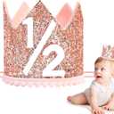 1/2 Birthday Girl Crown - Pink & Rose Gold Adjustable Baby Girl Half Birthday Hat for 6-12 Months, Soft Photo Props for Half Year Celebration, Party Decorations