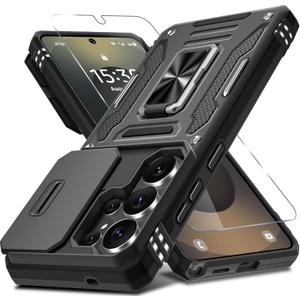 DEERLAMN Case for Samsung Galaxy S26 Ultra 6.9-Inch with Slide Camera Cover+Screen Protector(1 Pack), Rotated Ring Kickstand Military Grade Shockproof Protective Cover-Black