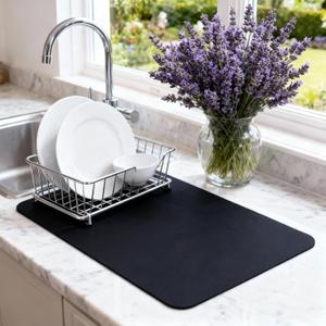Dish Drying Mat Super Absorbent  12" x 18" Coffee Mat for Countertops  Non-Slip Drying Mat for Kitchen Counter  Easy to Clean Water Absorbent Mat  Quick Dry Dish Drying Mats (Black)