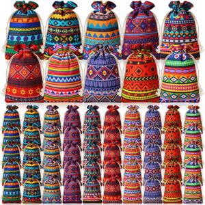 SilTriangle 50 Pcs Mexican Cloth Drawstring Gift Bag 4 x 6 Inch Fiesta Mini Cotton Jewelry Pouches Reusable Goodie Candy Bags for Cinco De Mayo Party Holiday Favor Supplies (Summer)