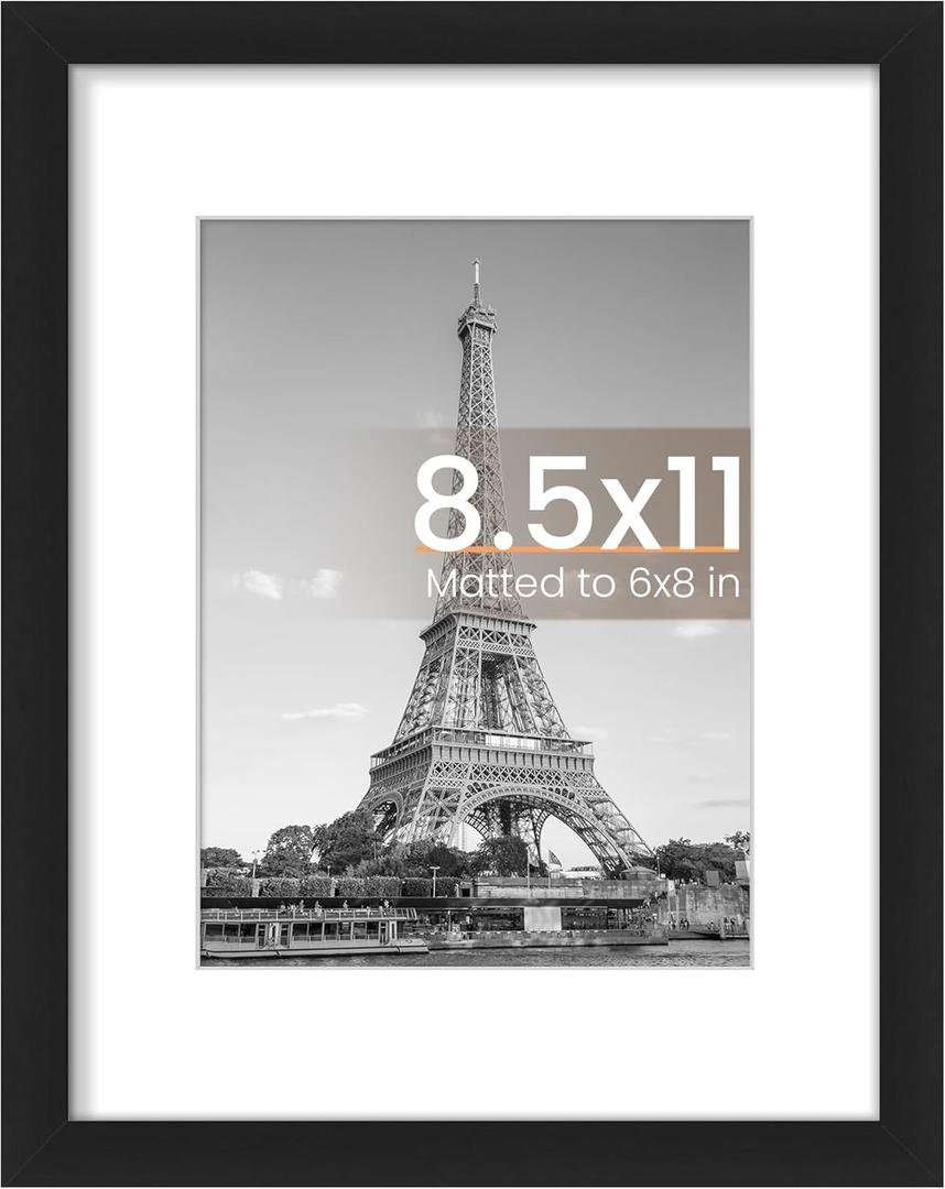 upsimples 8.5 By 11 Picture Frame, Display Pictures 6x8 with Mat or 8.5 x 11 Without, Wall Hanging Photo Frames, Black, 1 Pack (8.5x11)