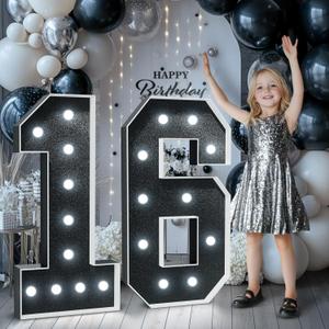 Black Marquee Numbers 4 Feet Tall: Large 16th Birthday Decorations for Her Him 4FT Light Up Numbers White Anniversary Party Decor Big Backdrop Foam Cardboard Number 16