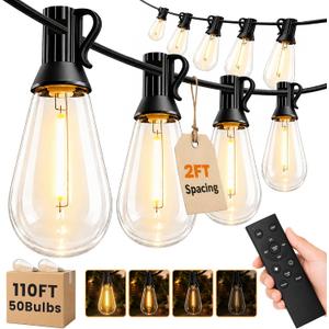 110FT(100+10) Outdoor LED String Lights with 2FT Bulb Spacing, Waterproof, Shatterproof, Dimmable, Warm White, 3 Lighting Modes, Timer, Plug in Hanging Backyard Lights for Outside, Patio