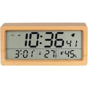 CYMNER Wooden Alarm Clock for Bedroom, Small Digital Clock Battery Operated, Desk Clock with Extra Long Life, Temperature and Humidity Date Display, Alarm Clock for Heavy Sleepers (Beech Yellow)