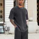 Oversized Tshirts for Men Short Sleeve Vintage Washed Basic Loose Tees (Black, L)