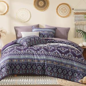 Geniospin Queen Comforter Set - 7 Pieces Bedding Set, Boho Bed in A Bag, Lightweight Soft Aztec Bedding, All Season Bed Comforter Set with Sheets, Pillowcases & Shams