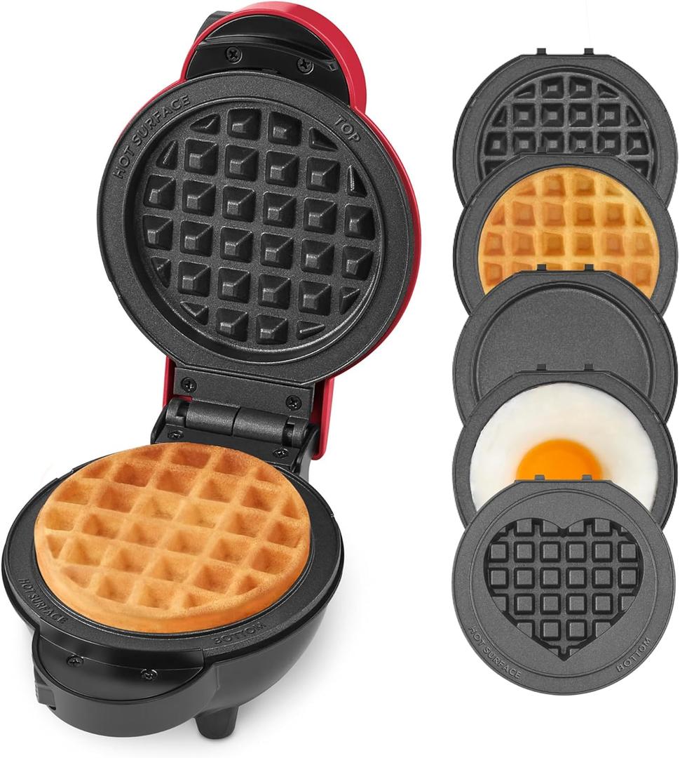 Dash MultiMaker Mini System - Compact Waffle Maker for Family Breakfasts - Removable Griddle Plates & nonstick surface - 5 Plates - Red