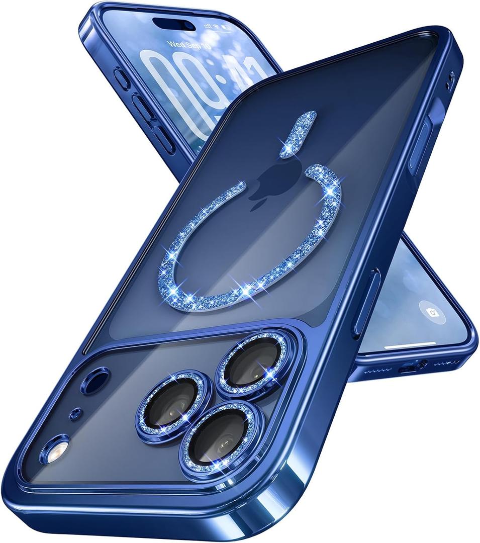 Magnetic for iPhone 17 Pro Max Case with Glitter Integrated Lens Protection, [Glossy Bumper & Shiny Magnetic Ring] [Compatible with Magsafe] Cute Women Girly Phone Case for iPhone 17 Pro Max Blue